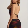 Keika Halterneck Cowl Crop Top in Red Blurred Print