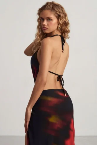 Keika Halterneck Cowl Crop Top in Red Blurred Print