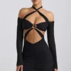 Kemina Off-Shoulder Ruched Cut-Out Mini Dress in Black