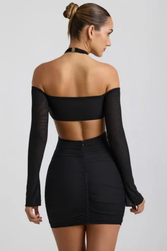 Kemina Off-Shoulder Ruched Cut-Out Mini Dress in Black