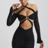 Kemina Off-Shoulder Ruched Cut-Out Mini Dress in Black