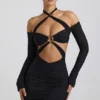 Kemina Off-Shoulder Ruched Cut-Out Mini Dress in Black