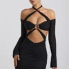 Kemina Off-Shoulder Ruched Cut-Out Mini Dress in Black