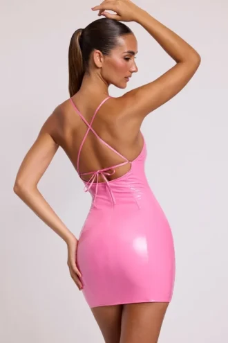 Kendall Vinyl Tie Back Scoop Neck Mini Dress in Pink