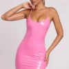Kendall Vinyl Tie Back Scoop Neck Mini Dress in Pink