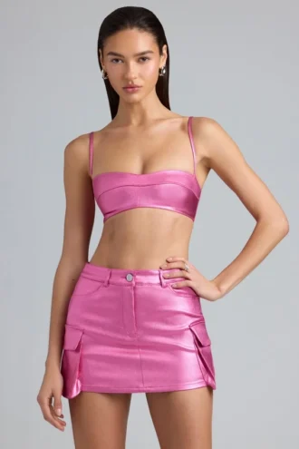Kennedy Metallic Denim Cropped Bralette in Deep Pink