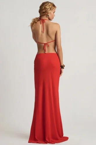Keona Mid-Rise Split Maxi Skirt in Chilli Red