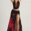 Keona Mid-Rise Split Maxi Skirt in Red Blurred Print