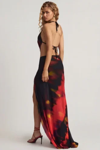 Keona Mid-Rise Split Maxi Skirt in Red Blurred Print
