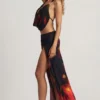 Keona Mid-Rise Split Maxi Skirt in Red Blurred Print