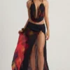 Keona Mid-Rise Split Maxi Skirt in Red Blurred Print