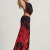 Keona Mid-Rise Split Maxi Skirt in Red Blurred Print