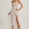 Kerra Semi-Sheer Embellished Asymmetric Maxi Dress in White