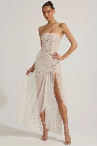 Kerra Semi-Sheer Embellished Asymmetric Maxi Dress in White