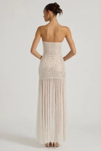 Kerra Semi-Sheer Embellished Asymmetric Maxi Dress in White