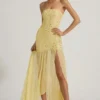Kerra Semi-Sheer Embellished Asymmetric Maxi Dress in Yellow