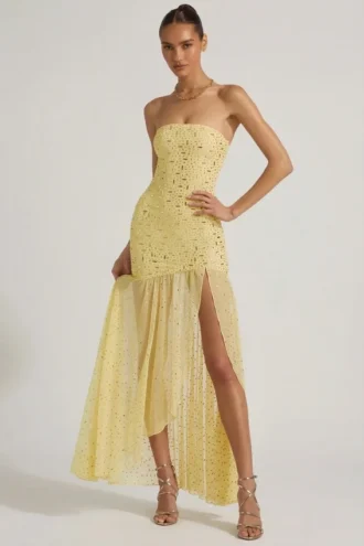 Kerra Semi-Sheer Embellished Asymmetric Maxi Dress in Yellow