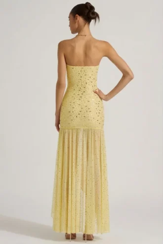 Kerra Semi-Sheer Embellished Asymmetric Maxi Dress in Yellow