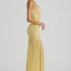 Kerra Semi-Sheer Embellished Asymmetric Maxi Dress in Yellow