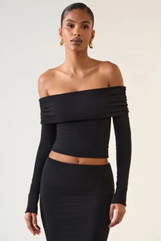 Kesia Modal Off-Shoulder Long-Sleeve Top in Black