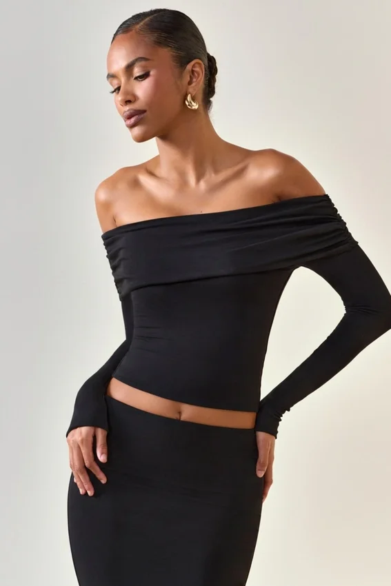 Kesia Modal Off-Shoulder Long-Sleeve Top in Black Kesia Modal Off-Shoulder Long-Sleeve Top in Black