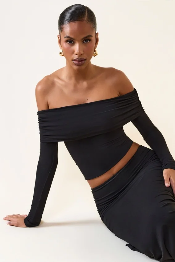 Kesia Modal Off-Shoulder Long-Sleeve Top in Black Kesia Modal Off-Shoulder Long-Sleeve Top in Black