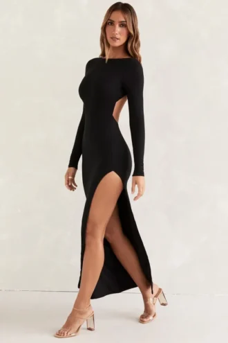 Kiah Long Sleeve Backless Maxi Dress in Black