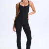 Kiki Modal Plunge Open-Back Flared Jumpsuit in Black