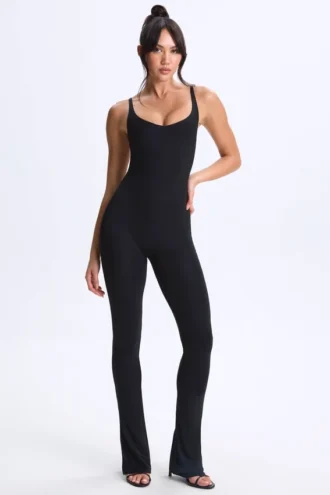 Kiki Modal Plunge Open-Back Flared Jumpsuit in Black