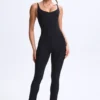 Kiki Modal Plunge Open-Back Flared Jumpsuit in Black
