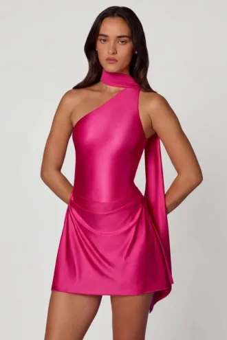Kiraz Asymmetric Scarf-Detail Mini Dress in Hot Pink