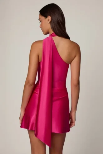 Kiraz Asymmetric Scarf-Detail Mini Dress in Hot Pink
