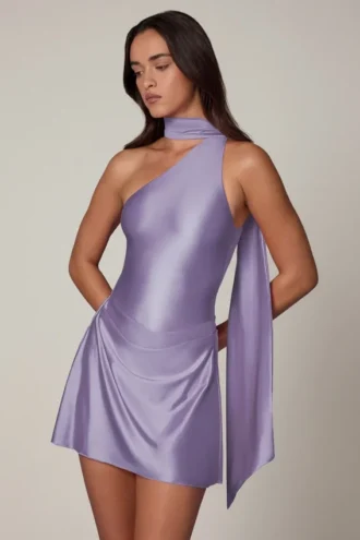 Kiraz Asymmetric Scarf-Detail Mini Dress in Lilac