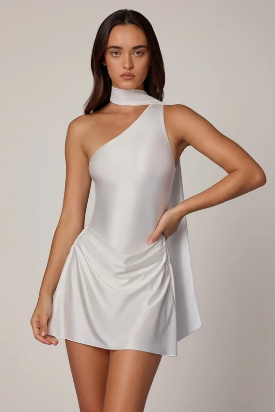 Kiraz Asymmetric Scarf-Detail Mini Dress in White Kiraz Asymmetric Scarf-Detail Mini Dress in White
