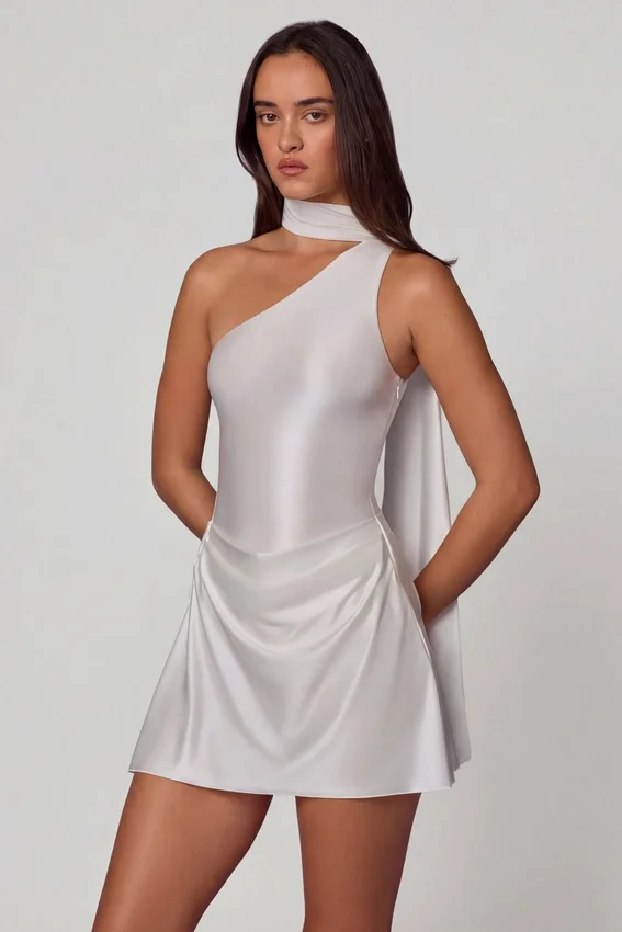 Kiraz Asymmetric Scarf-Detail Mini Dress in White Kiraz Asymmetric Scarf-Detail Mini Dress in White