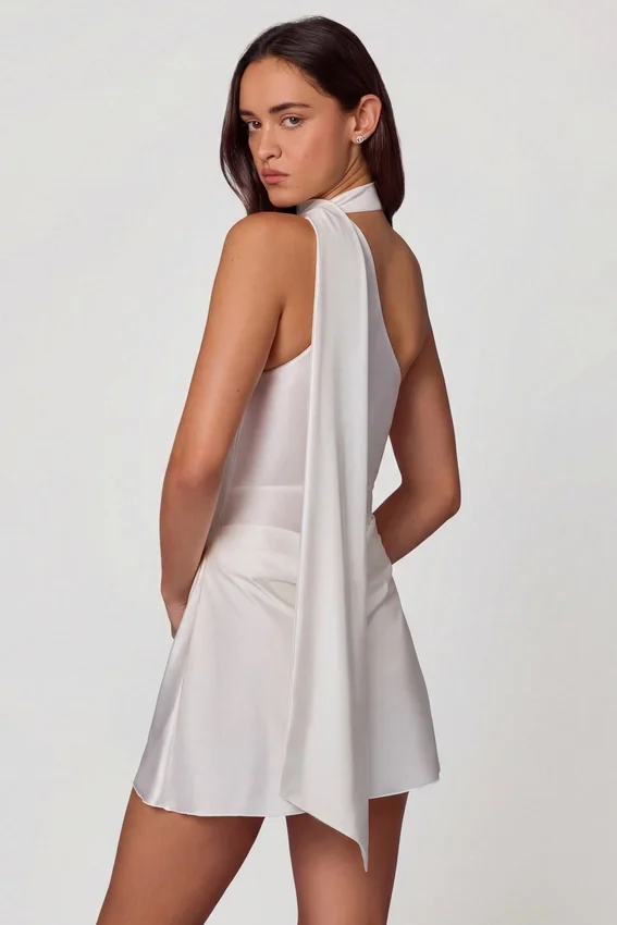 Kiraz Asymmetric Scarf-Detail Mini Dress in White Kiraz Asymmetric Scarf-Detail Mini Dress in White