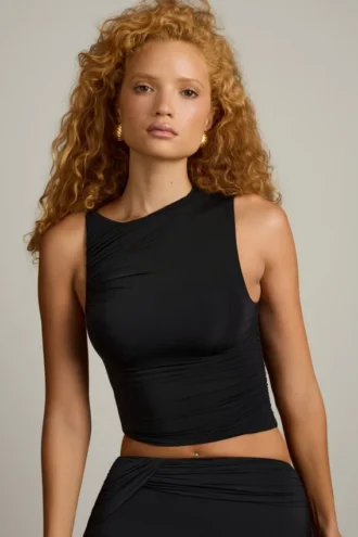 Kirbie Asymmetric Ruched Tank Top in Black