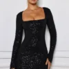 Kiyara Embellished A-Line Mini Dress in Black