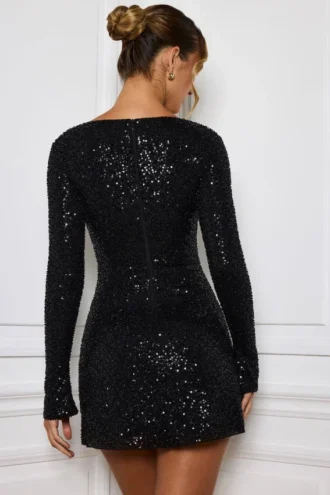 Kiyara Embellished A-Line Mini Dress in Black