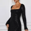 Kiyara Embellished A-Line Mini Dress in Black