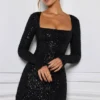 Kiyara Embellished A-Line Mini Dress in Black