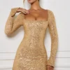 Kiyara Embellished A-Line Mini Dress in Gold