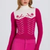 Knit Long-Sleeve Fitted Top in Magenta Pink