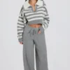 Knit Mid-Rise Wide-Leg Joggers in Grey