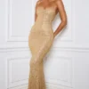 Krystelle Embellished Fishtail Maxi Dress in Gold