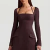 Ksenia Pinstripe Structured A-Line Mini Dress in Chocolate Brown