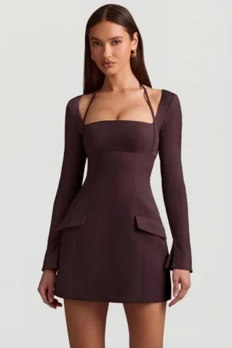 Ksenia Pinstripe Structured A-Line Mini Dress in Chocolate Brown