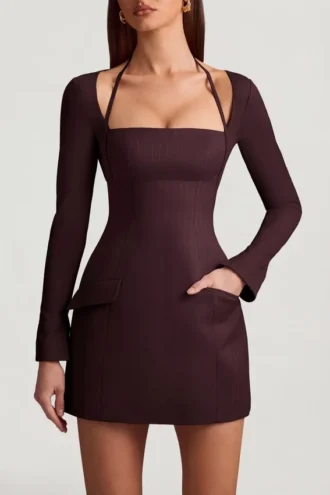 Ksenia Pinstripe Structured A-Line Mini Dress in Chocolate Brown