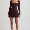 Ksenia Pinstripe Structured A-Line Mini Dress in Chocolate Brown