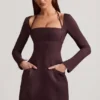 Ksenia Pinstripe Structured A-Line Mini Dress in Chocolate Brown